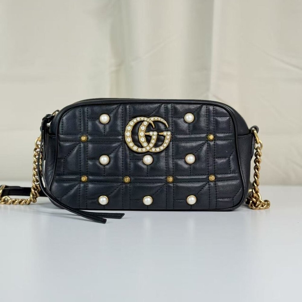 Gucci Black Leather Marmont Shoulder Bag Crossbody with Pearl Embellished